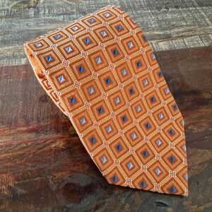 Ermenegildo Zegna Silk Tie Orange Blue Geometric Square Italy 57.75"L x 3.75"W
